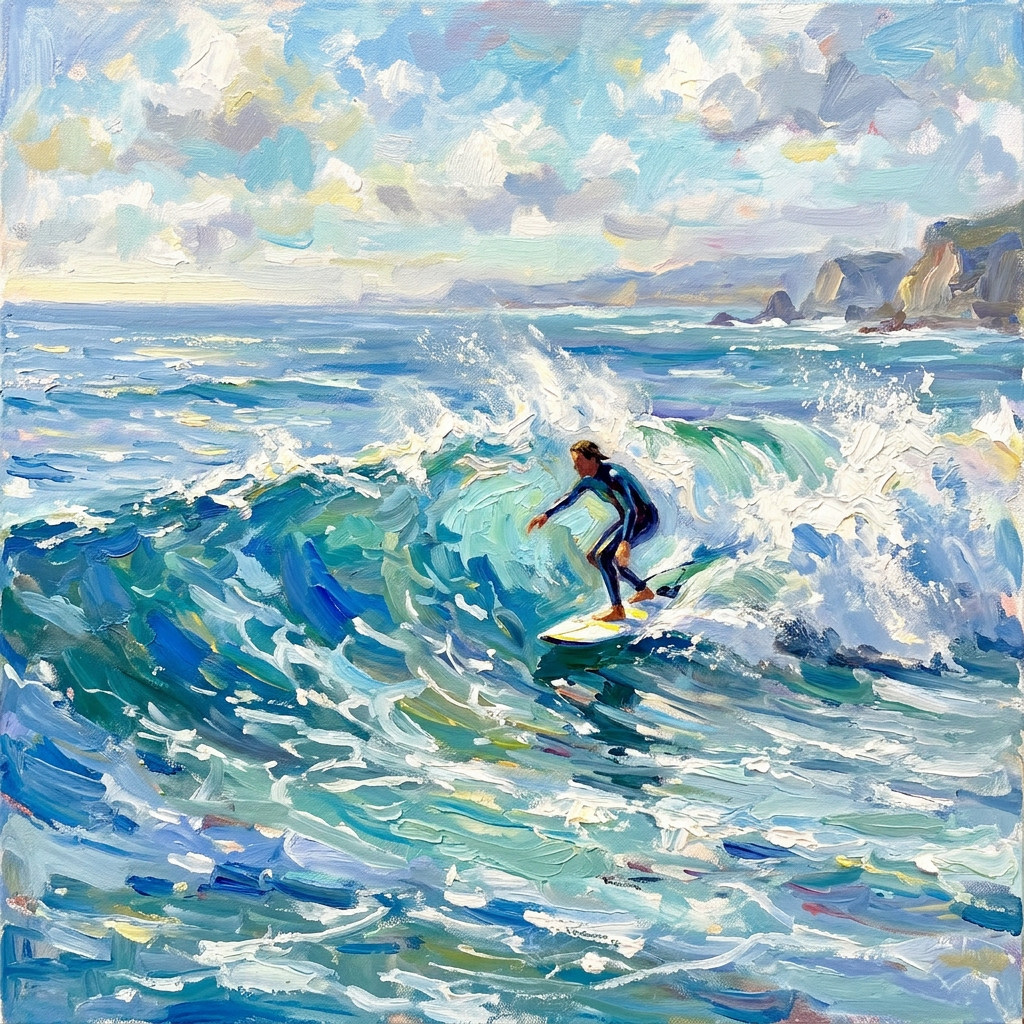 Surfer riding a turquoise wave near a rocky coastline