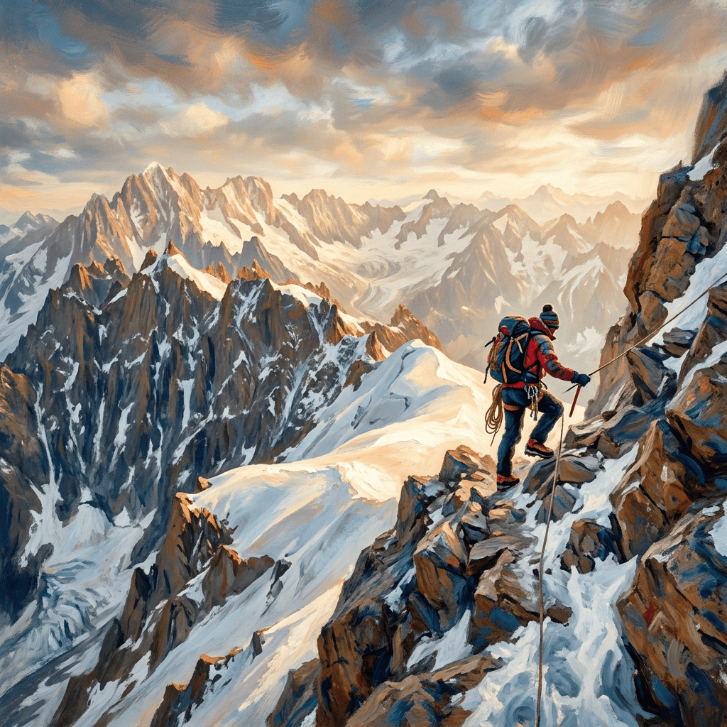 Mountaineer traversing a snowy rocky ridge above jagged alpine peaks